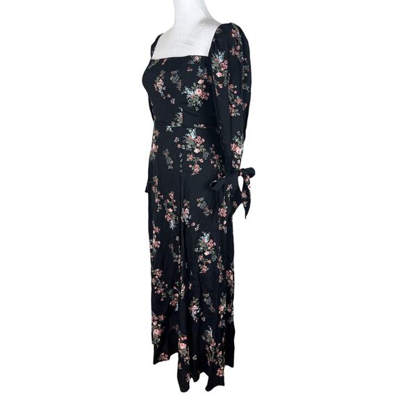 Reformation Aubrey Black Floral Print Midi Dress Tied Cuff Sleeves Slit Size 0 - Picture 6 of 10
